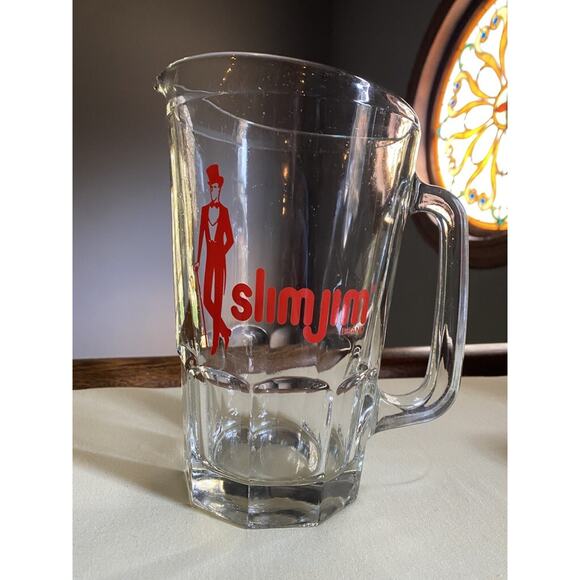 Vintage Y2K Glass Slim Jim Pitcher Beer Lemonade Drinks Christmas Gift Man Cave - Picture 1 of 6